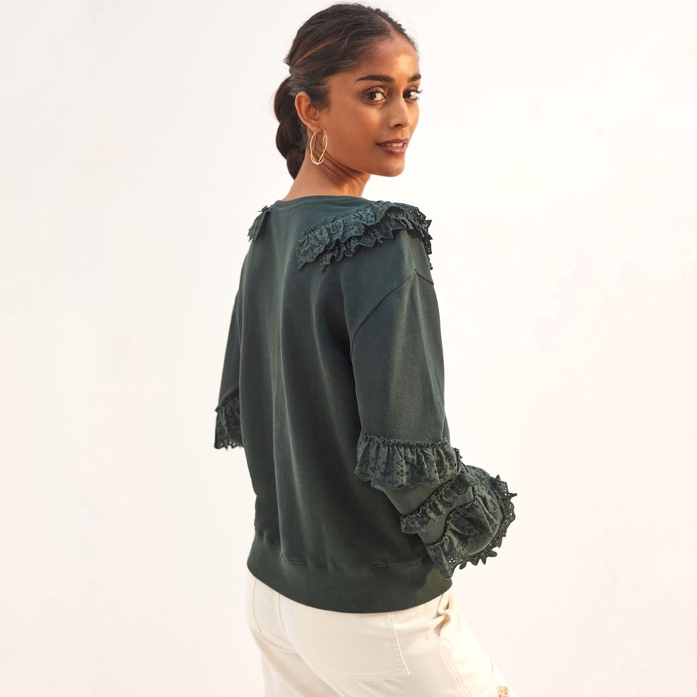 Anthropologie | Maeve | Ruffled Eyelet Sweatshirt Green Size S